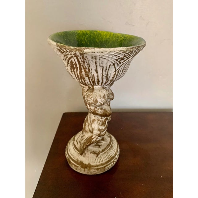 Antiqued Finish Angel Footed Neoclassic Ceramic Bowl With Green Glaze Inside Finish For Sale - Image 4 of 6