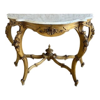 French Louis XV Style Carved Giltwood Console Table With White Marble Top For Sale