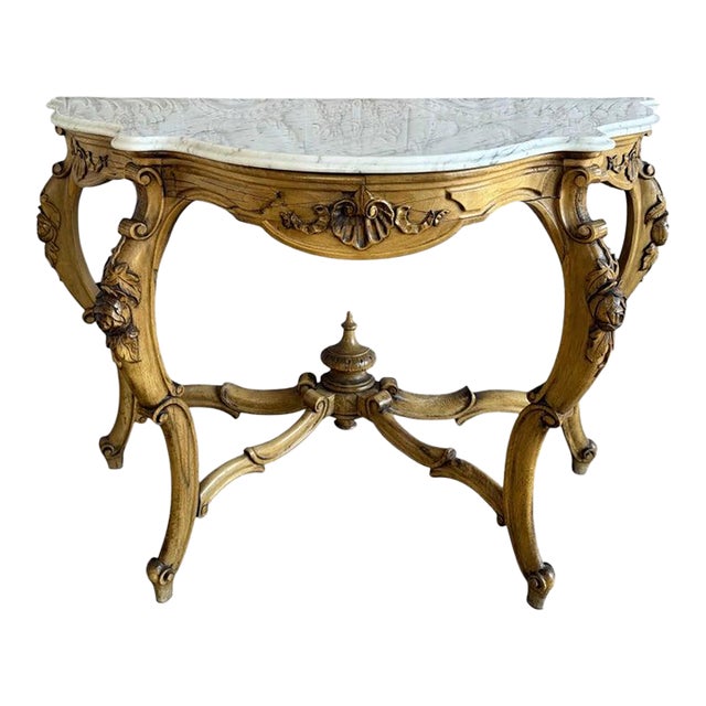 French Louis XV Style Carved Giltwood Console Table With White Marble Top For Sale