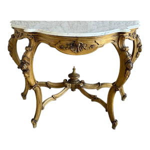 French Louis XV Style Carved Giltwood Console Table With White Marble Top
