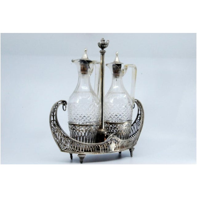 Cruet with Silver Structure Cut Into the Shape of Nave with Two Cut Glass Cruets on Four Raised Feet and Silver Lid Support For Sale - Image 10 of 11