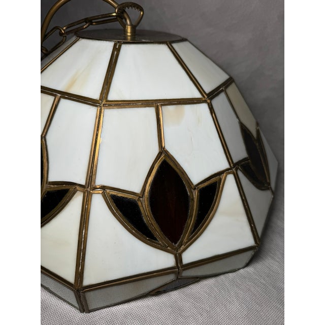 Brown Stained Glass Pendant Lamp with Leaf Motif, 1970s For Sale - Image 8 of 10