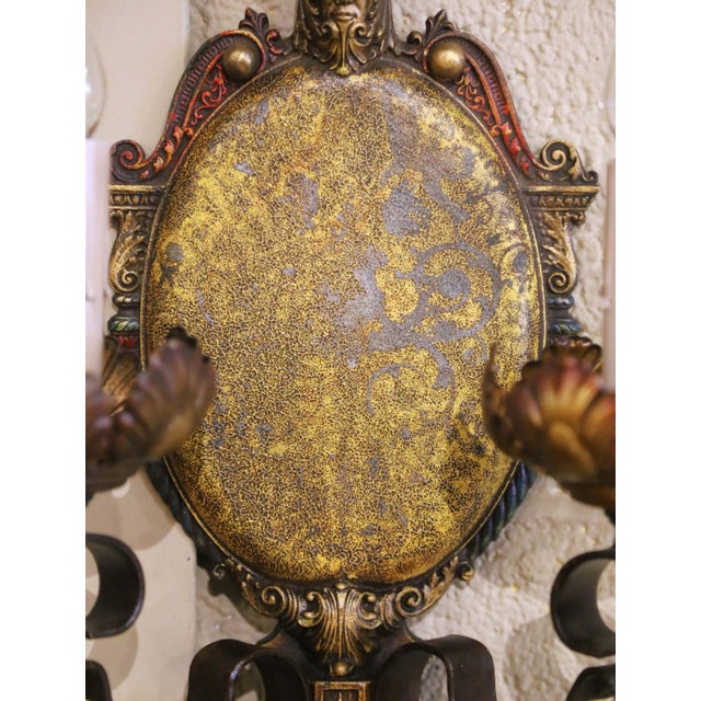 Metal Pair of Mid-Century American Renaissance Revival Iron Two-Light Sconces For Sale - Image 7 of 11