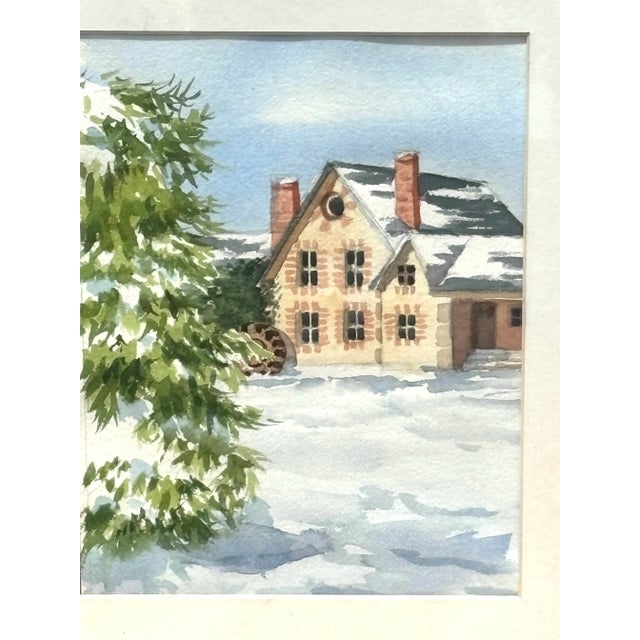 Expressionism Framed Watercolor Painting Cottage in the Snow For Sale - Image 3 of 7