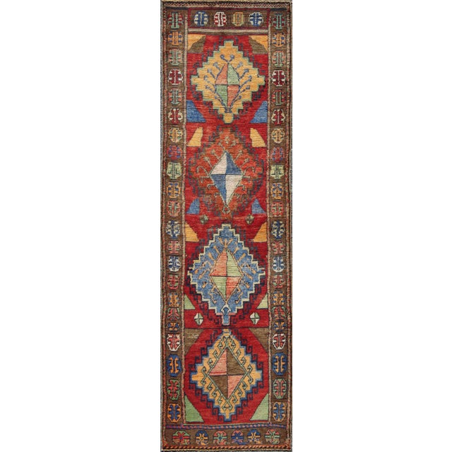 Textile Colorful Antique Turkish Oushak With Geometric Tribal Design in Brilliant Red For Sale - Image 7 of 7