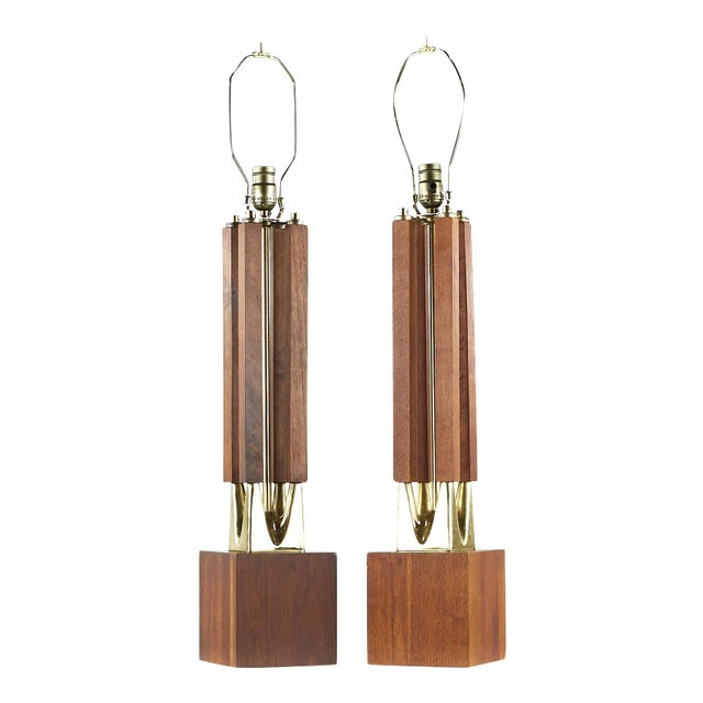 Laurel Mid Century Brass and Walnut Table Lamps - Pair For Sale