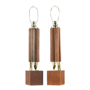 Laurel Mid Century Brass and Walnut Table Lamps - Pair