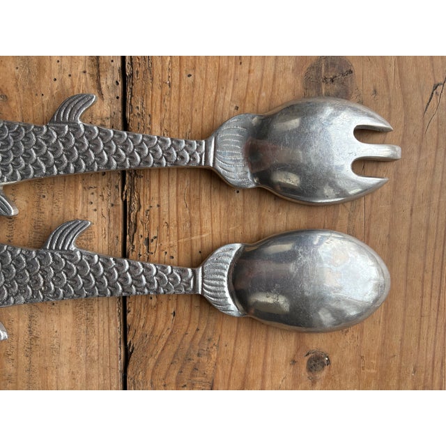 Metal Vintage Fish-Shaped Salad Servers | Nautical Metal Serving Set For Sale - Image 7 of 10