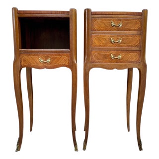 1940s Pair of French Louis XV Style Bedside Tables with Marquetry and Brass Hardware, Pair For Sale
