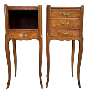 1940s Pair of French Louis XV Style Bedside Tables with Marquetry and Brass Hardware, Pair