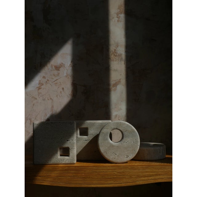 Stone Modern Roman Travertine Geometric Circle Sculpture For Sale - Image 7 of 11
