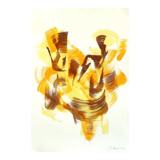 Autumn Tree 2 - Original Golden Neutral Abstract Tree Ink Painting on French Linen Paper For Sale