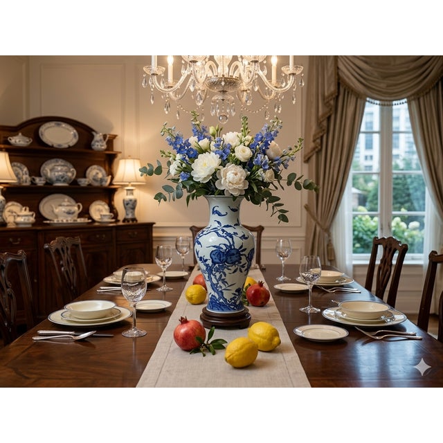 Vintage Chinese Blue White Fruits Flowers Graphic Porcelain Art Vase For Sale - Image 13 of 13