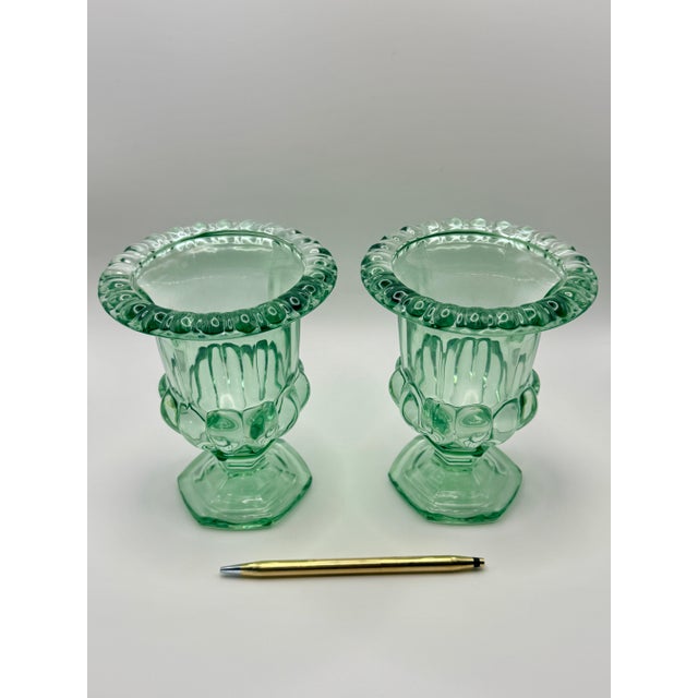 The School of Paris Pair of Vintage Sage Green Pressed Glass Pedestal Urn Vases For Sale - Image 3 of 5
