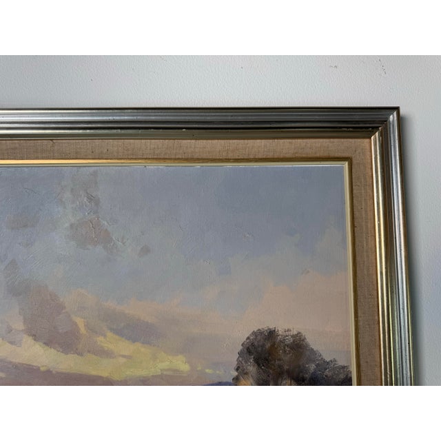 1980s Vintage Impressionist Sunset Lake Landscape Oil on Board Painting – Signed For Sale - Image 4 of 12