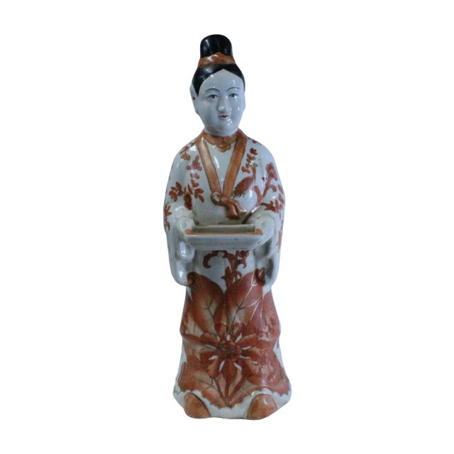 Oriental Vintage Ceramic Standing Lady Holding Dish Figure For Sale
