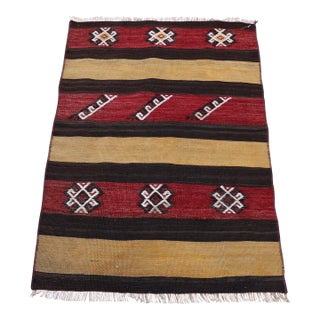 1980s Primitive Anatolian Hand Knotted Striped Turkish Kilim Rug For Sale