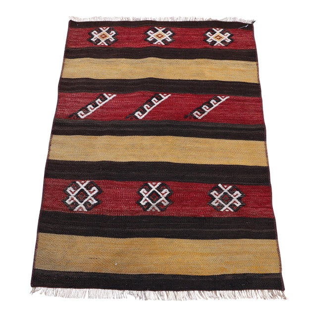 1980s Primitive Anatolian Hand Knotted Striped Turkish Kilim Rug For Sale