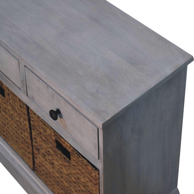 Modern Distressed Wood Storage Cabinet With Woven Baskets For Sale - Image 3 of 8
