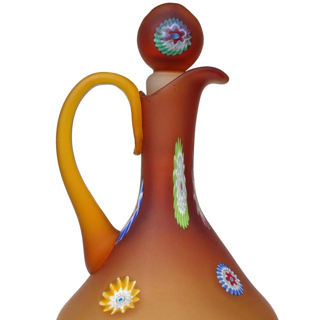 Beautiful vintage Murano hand blown dark orange, satin surface, Italian art glass ewer cruet, with applied millefiori...