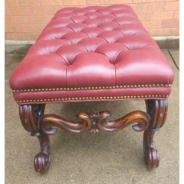 Wood Whittemore-Cherrill Mahogany Brass Nail Trims & Maroon Leather Upholstered Bench Ottoman For Sale - Image 7 of 9