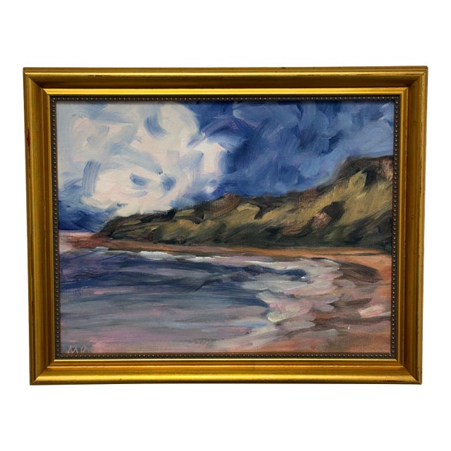 Abstract Cloud Covered Blue Skies on the Beach Painting, Framed For Sale