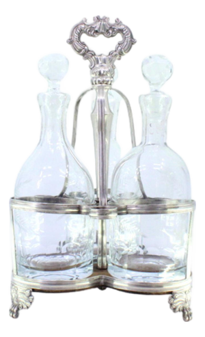 Silver Liqueur Bottle with Wooden Base and Acid-Etched Glass Liqueur Bottles, Set of 3