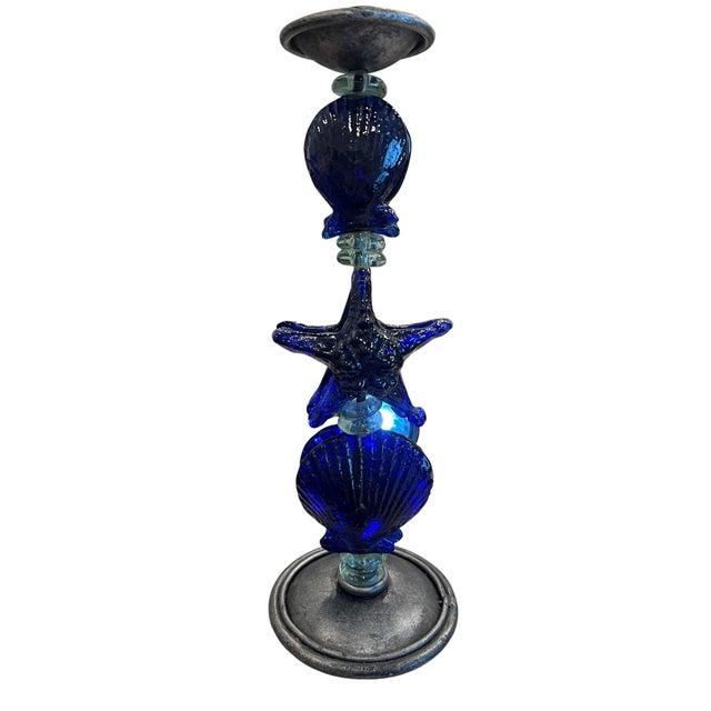 Pair of Heavy Cobalt Blue Art Glass Candlesticks 13" Tall For Sale - Image 9 of 12