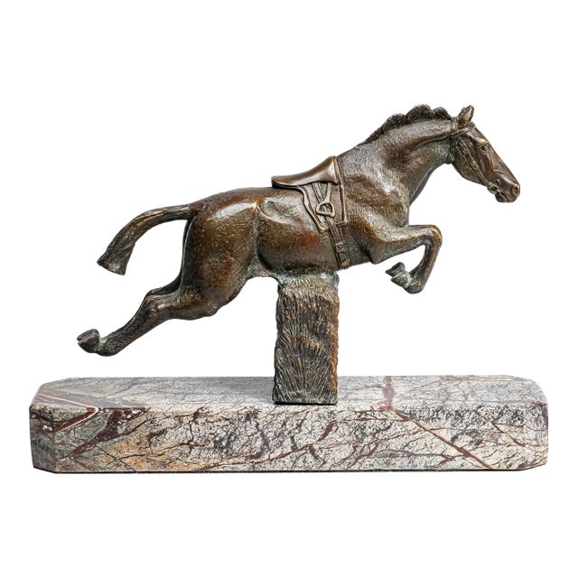 Finely Cast Vintage Bronze Jumping Horse Statue Sculpture Marble Base Equestrian For Sale