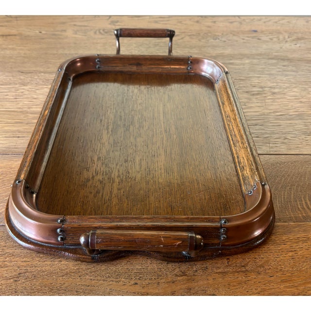 Antique English Oak and Copper Handled Serving Tray For Sale - Image 4 of 7