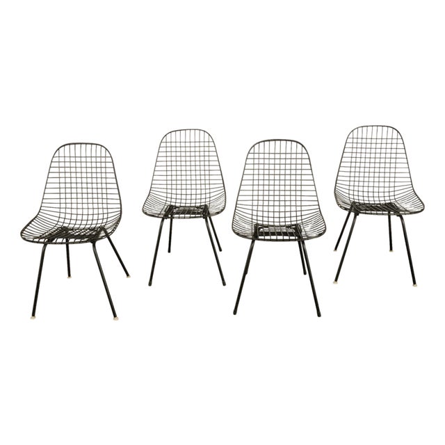 Set of Four Mid Century Modern Eames DKX Black Powder-Coated Wire Chairs, 1954 For Sale