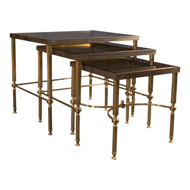 1970s Trio of Vintage French Brass Nest Tables For Sale