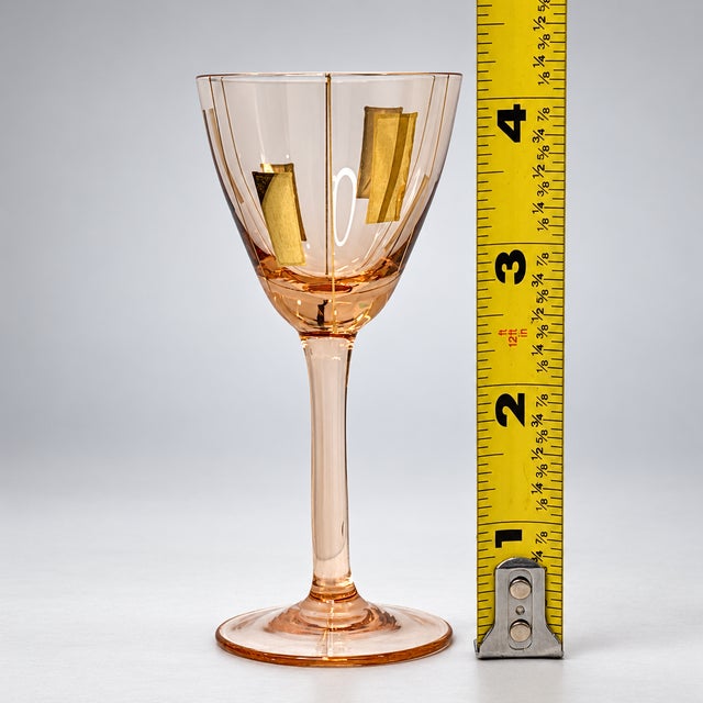 Mid-Century Modern Vintage Rose-Gold Glass Decanter & 6 Cordial Glasses — Geometric Gold Modernist Barware Set 7 pcs For Sale - Image 3 of 6