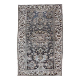 Antique Persian Hamadan Rug With Floral Medallion Design in Soft Earthy Tones 5'1"x8'7" For Sale