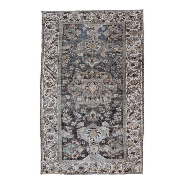 Antique Persian Hamadan Rug With Floral Medallion Design in Soft Earthy Tones 5'1"x8'7" For Sale