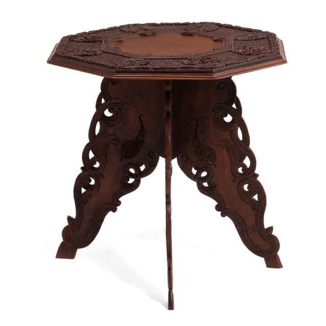 Anglo Indian Intricately Carved Teak Folding Campaign Table Octagon Top For Sale - Image 4 of 17