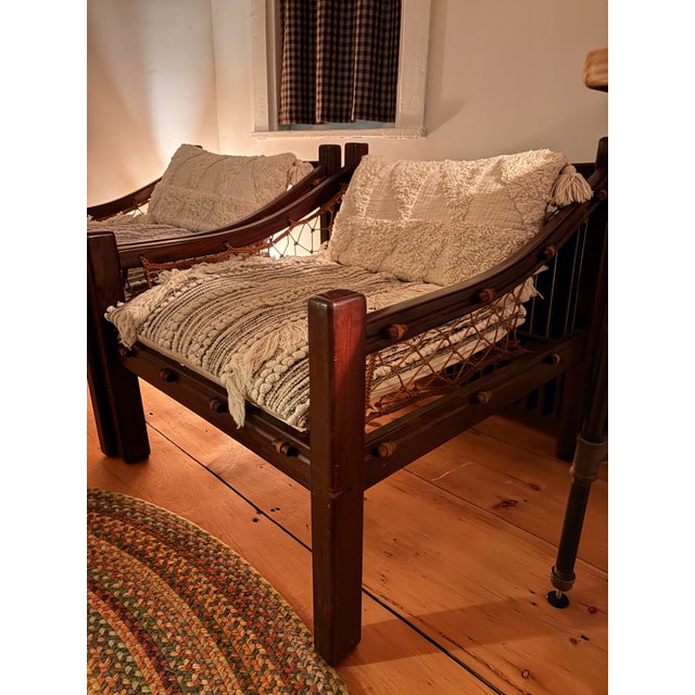 Rare Pair of Tijuca Rosewood Leather Rope Hammock Low lounge chairs Brazil. The pair of 'Tijuca' leather lounge chairs...