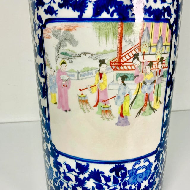 Early 20th Century April Showers…Antique Chinoiserie Hollywood Regency Flow Blue Porcelain Umbrella Stand. For Sale - Image 5 of 13