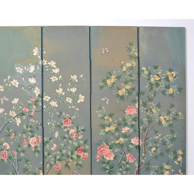 Mid 20th Century Gracie Style 8 Panel Chinoiserie Painted Wallpaper Screen 12 Ft For Sale - Image 5 of 18