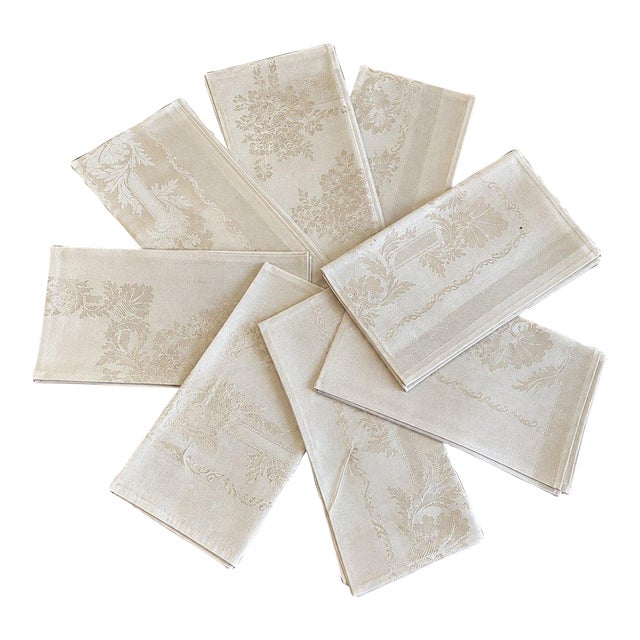Vintage Damask Cotton Napkins Floral Hemmed Set of 8 For Sale