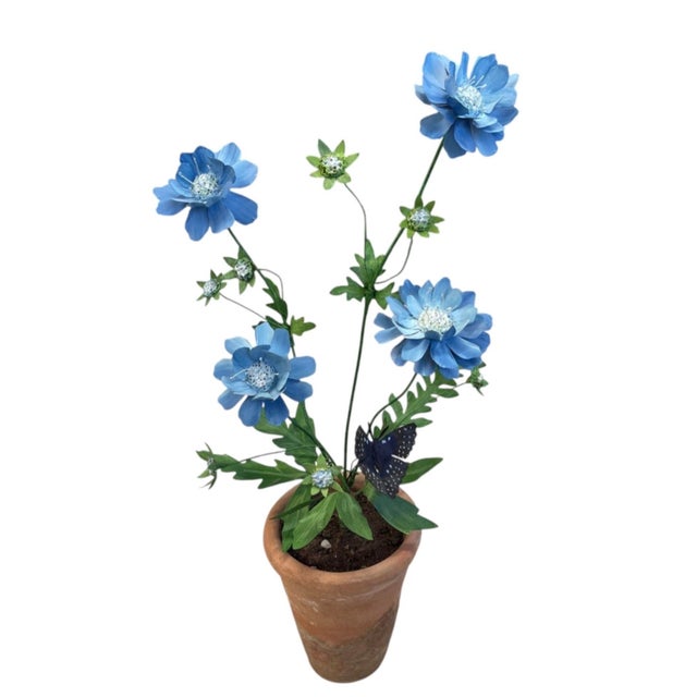 2000 - 2009 Hand-Crafted Metal Blue Botanical Arrangement in Aged Terracotta Pot For Sale - Image 5 of 12