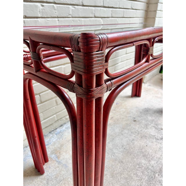 Wood Vintage Tony Duquette Style Red Split Reed and Rattan Glass Top Console Entry Table - Newly Painted For Sale - Image 7 of 12