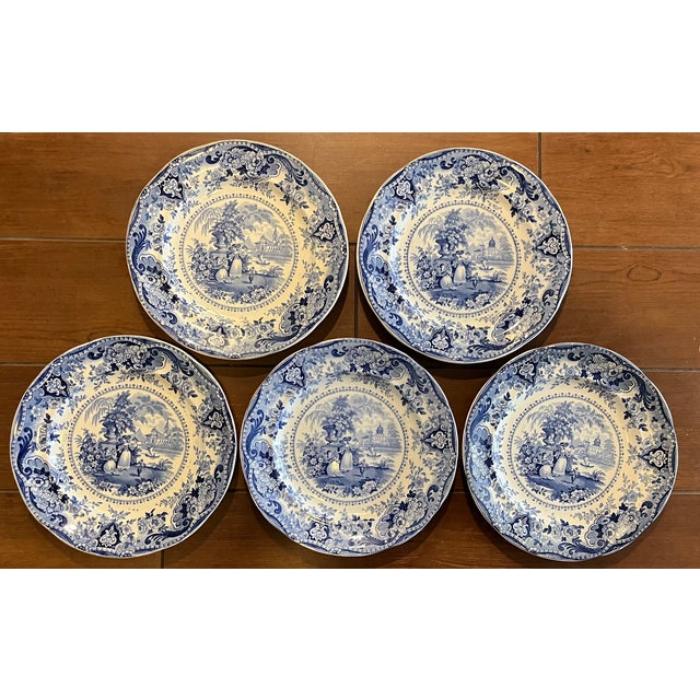 Early 19th Century Antique 19th Century English Regency Staffordshire Blue Transferware Dinner Plates - Italian Buildings by Ralph Hall Circa 1825 - Set of 5 For Sale - Image 5 of 17