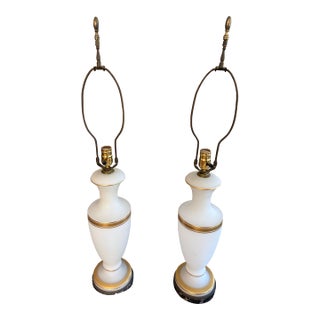 Mid 20th Century White Frosted Glass Lamps With Gilt Highlights - A Pair For Sale