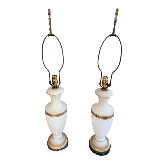 Mid 20th Century White Frosted Glass Lamps With Gilt Highlights - A Pair For Sale