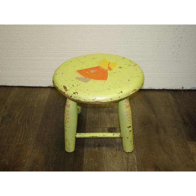 Wood Vintage French Country Lime Green Rustic Footstool Stool W a Child Pictured For Sale - Image 7 of 16