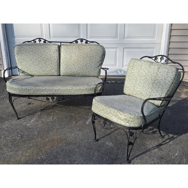 Mid 20th Century Vintage Wrought Iron Patio Seating Loveseat and Chair For Sale - Image 5 of 12