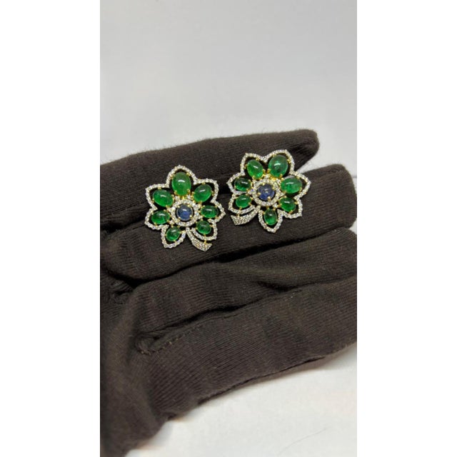 Natural Sapphire, Emerald & Diamond Earring in 14k Gold For Sale In New York - Image 6 of 8