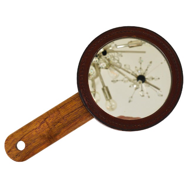 Austrian Hand Mirror in Walnut and Leather by Carl Auböck, 1950s For Sale
