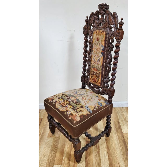 Antique French Renaissance Revival Jacobean Carved Needlepoint Chair For Sale - Image 4 of 14